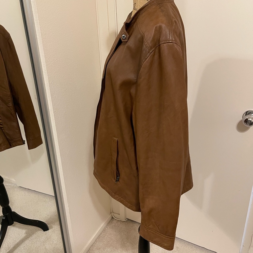 Tasso Elba Tan Leather Bomber Jacket - Picture 3 of 8
